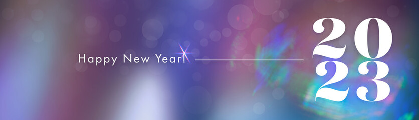 Banner Happy New Year 2023 horizontal color tornasol con letras blancas