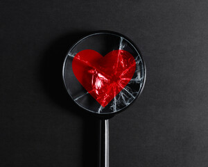 Concept of broken heart, destroyed love and relationships, cardiovascular disease. Broken magnifier...