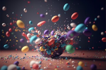 a vase filled with lots of colorful balloons and confetti on top of a table with a black background.