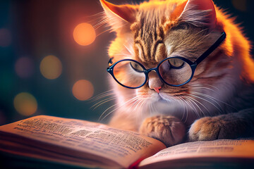 Intelligent cat in glasses reading a book, ai illustration