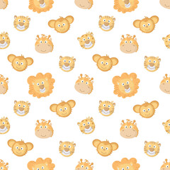 Seamless pattern with jungle cute animal characters. Funny elephant, giraffe, lion, tiger,monkey. Children pattern. Faces of wild animals. Vector illustration on white background.