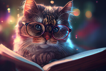 Intelligent cat in glasses reading a book, ai illustration
