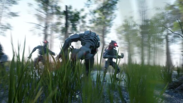 Robot Werewolves Howl and Perform Attack Combos Misty Forest 3D Animations Rendering CGI 4K