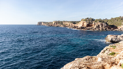 Coves, beaches and cliffs on the island of Majorca, Spain, Europe. Palma de Mallorca in the Mediterranean Sea.