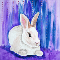 Artistic painting pretty small white hare, symbol of New year 2023. Picture contains interesting idea, evokes emotions, aesthetic pleasure. Canvas stretched, cardboard, oil natural paints. Concept art - 556509311