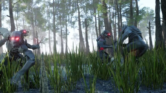 Robot Werewolves Howl in a Misty Forest and Perform Attack Combos 3D Animations Rendering CGI 4K