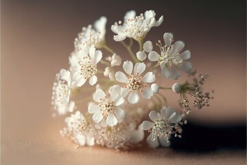 a bunch of white flowers sitting on top of a table next to each other on a table top with a brown background.