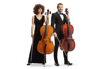 Male and female artists posing with cellos © Ljupco Smokovski