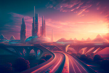 Naklejka na ściany i meble Fantasy futuristic city, ai illustration