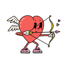 Retro groovy cartoon lovely heart for Valentines Day card and banner. Heart cupid with bow and arrow. Trendy vintage 60s 70s style. Contour vector hand drawn isolated illustration.