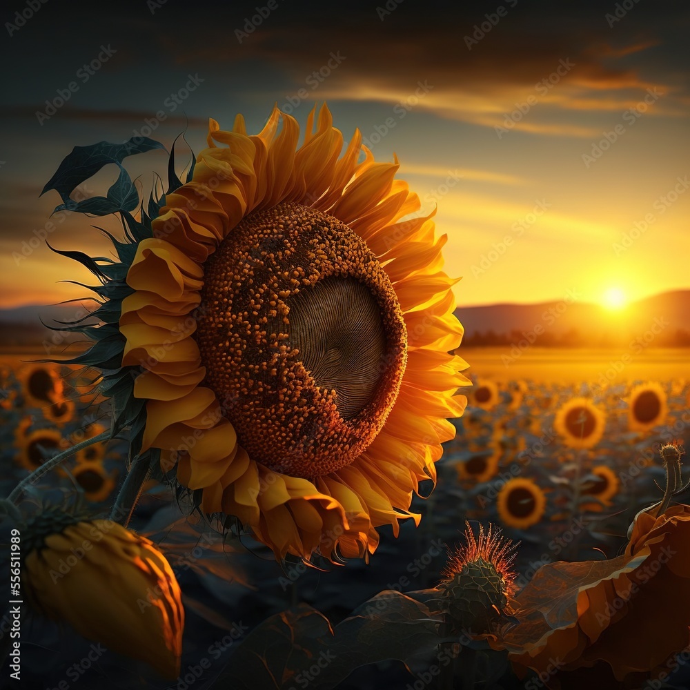 Canvas Prints a sunflower in a field of sunflowers at sunset with the sun in the background and a dark sky.