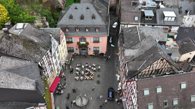 Cochem City on a Mosel rive in Germany. Aerial drone shot at foggy cloudy day