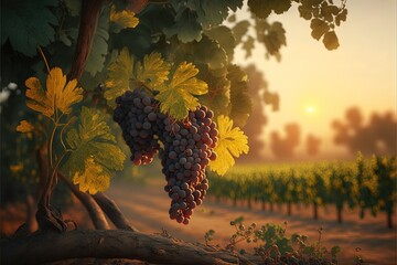 a painting of a bunch of grapes hanging from a tree branch in a vineyard at sunset or dawn with the sun setting. Generative AI - obrazy, fototapety, plakaty