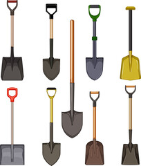 shovel tool set cartoon. work gardening, agriculture garden, spade equipment, dig farm, steel shovel tool vector illustration - obrazy, fototapety, plakaty