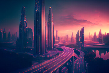 Naklejka na ściany i meble Fantasy futuristic city, ai illustration