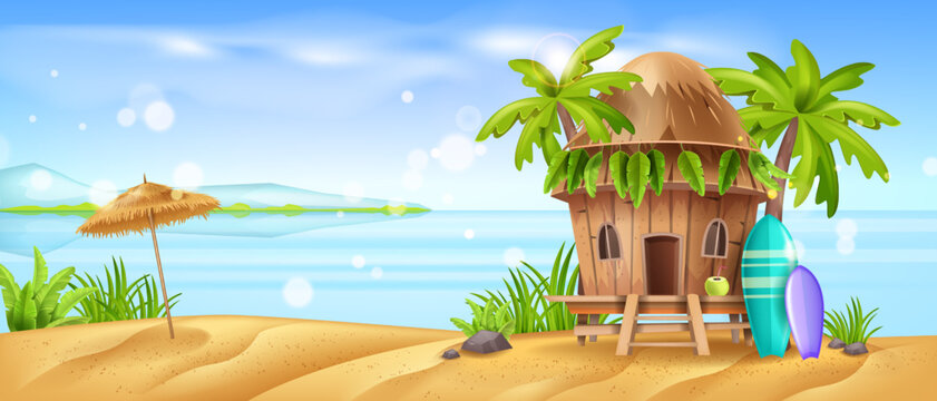 Beach hut, bamboo vector shack, tiki Hawaiian house, summer cartoon island bungalow, tropical ocean. Palm tree leaf, surfboard, sun umbrella, exotic vacation landscape. Caribbean beach hut banner