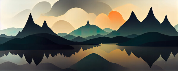 Fototapeta na wymiar Hintergrund Illustration einer Berglandschaft mit einem See im Vordergrund