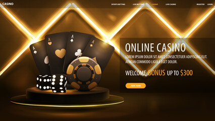 Online casino, black digital banner with gold casino playing cards, dice and poker chips on gold podium floating in the air in dark scene with wall of line rhombus gold neon lamps