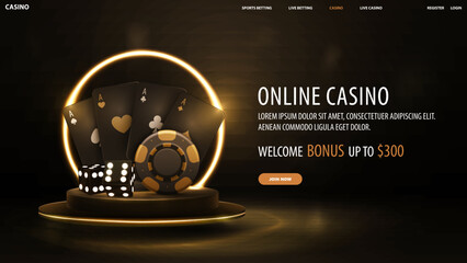 Online casino, black banner with welcome bonus, button, gold casino playing cards, dice and poker chips on gold podium with yellow neon ring on background