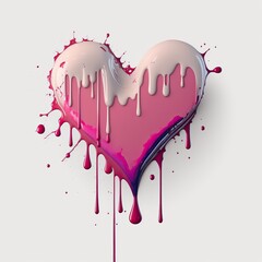 Pink heart with white paint dripping. Valentine, love concept. Abstract minimalist art background. Banner or card design. Generative ai.