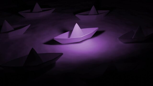 Paper boat in dark space. Design. Paper boats stand on water with colored light. 3D animation with paper boats and dramatic feeling