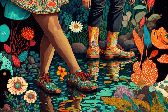Lower close-up of the legs of a group of women walking next to a stream, magical illustration made with Generative AI