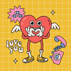 Funny crazy retrocartoon character greeting card or banner. Groovy heart character with retro telephone and lettering - Love you. Vector illustration of comic elements in trendy retro cartoon style.