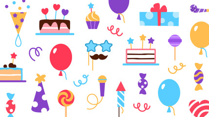 Birthday background for visit, business, greeting card invitation design. Anniversary celebration holiday event. Festive graphic element birthday cake balloon gift box microphone vector illustration.