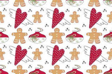 Seamless Christmas pattern. Design with cookies and Christmas elements for textile and packaging paper