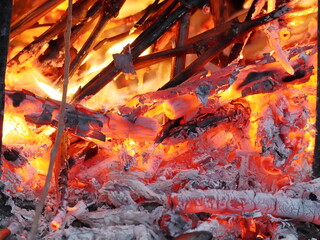 Primo piano di un fuoco. Bastoni di legno che bruciano. Tizzoni ardenti