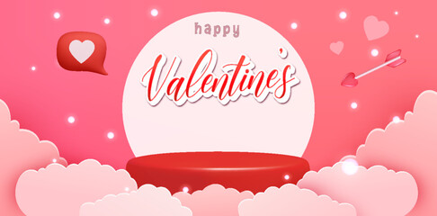 Blank red product exhibition stand or gift display showcase with red Happy Valentine Day on pink background with a space for text minimal conceptual 3D rendering