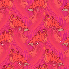 Rooster seamless pattern, Chinese zodiac symbol. Vector endless background. Repeating head of cock. Design for wallpaper art, coloring, nature and spirituality. Vintage print..