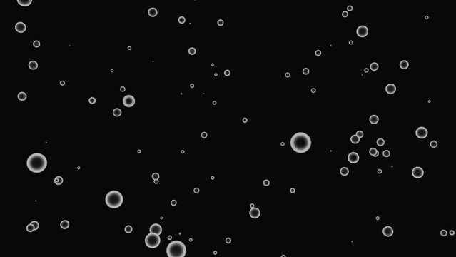 Randomly flying air bubbles on a black background. Design. Rising up ring silhouettes.