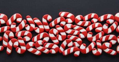 A lot of gingerbread candy cane shaped cookies, flat lay.