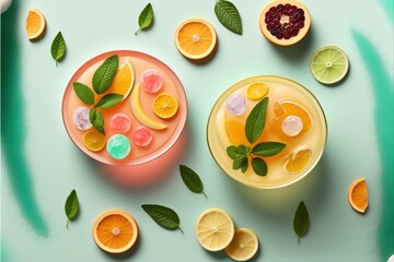 a couple of glasses of orange juice with some mint on top of them and some slices of fruit around them.