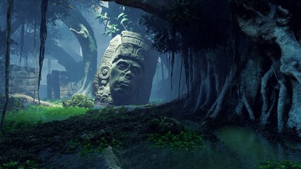 Sculpture of an ancient civilization in the tropic forest