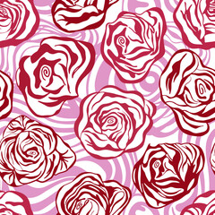 Simple line art abstract seamless pattern, line wavy graphic rose in trendy viva magenta color