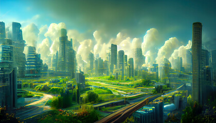 Landscape with ecological disaster, conceptual ai illustration. Polluted earth.