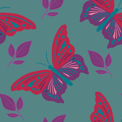 Fototapeta na wymiar Vector seamless pattern color viva magenta butterfly on green background