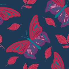 Fototapeta na wymiar Vector seamless pattern color butterfly magenta color on dark background wiyh violet leaves