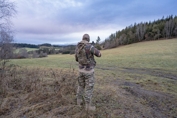 Member of the International Legion patrols. The war in Ukraine.Army soldier Patrolled the front line