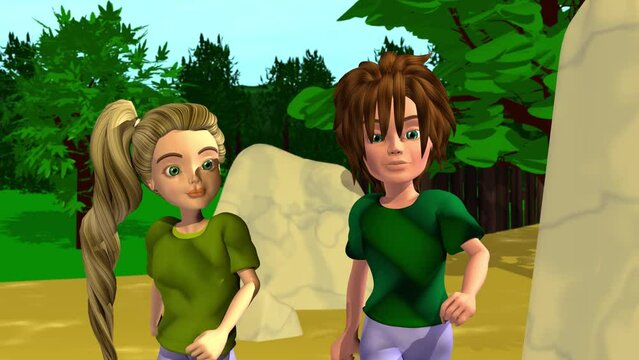 3d animation, two cartoon characters walking on the forest or on the pathway