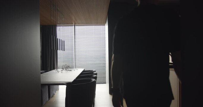 Contemporary modern and minimalist design apartment, Stylish interior of the luxury kitchen with wood, italian furniture
