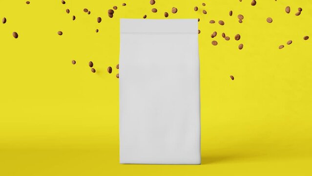White matte pouch bags falling coffee beans 3D animation motion yellow design 4K. Merchandise packaging logo promo. Blank foil product pack levitating template. Coffee shop sale discount demonstration