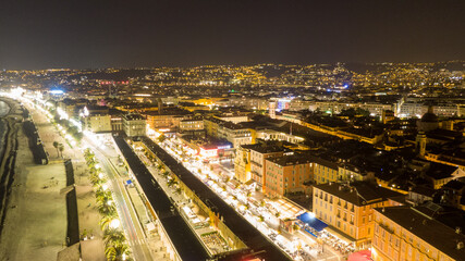 Aerial view on buildings and city, Old town in Nice, France at night 