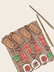 Hand Drawn Japanese Sushi Collection Top View Isolated on bamboo plate. Vector illustration 