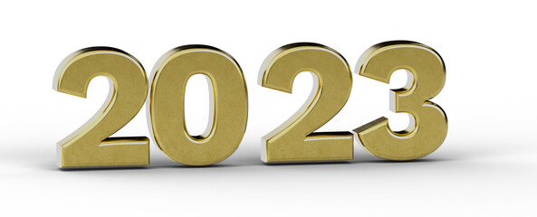 Gold number 2023 isolated on white background. 3d illustration