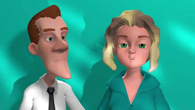 3d animation, two cartoons characters speaking on blue background