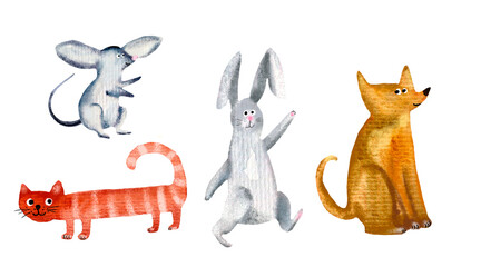 Animal watercolor set, mouse, rodent, rat, jerboa, cat, dog, rabbit, hare, bunny, watercolor texture, ice skating, hand drawn, Merry Christmas, Happy New Year.