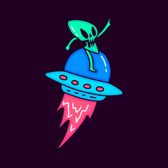 Alien skull with spaceship cartoon, illustration for t-shirt, sticker, or apparel merchandise. With modern pop and retro style.